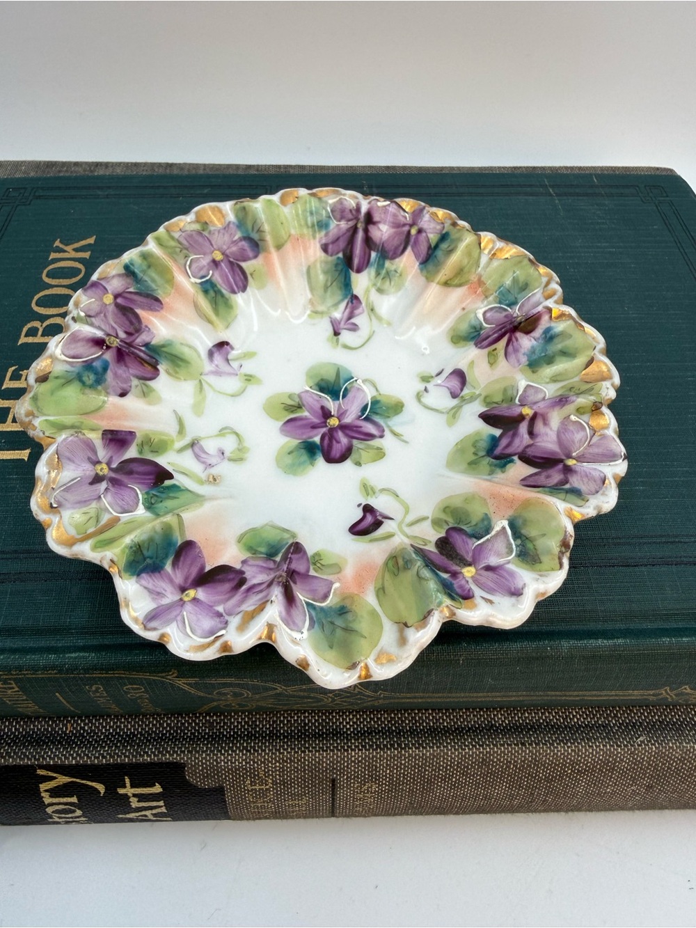 Vintage Hand Painted Violets Porcelain Trinket Dish 4.25 Scalloped Edge